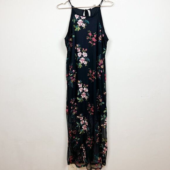 Miami Black Mesh Lace Pink Green Floral Embroidery Maxi High Neck Dress - Picture 1 of 11